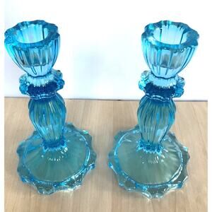 John Lewis Boho Blue Glass Candleholder Set of 2 Vintage Style Candlestick 15cm